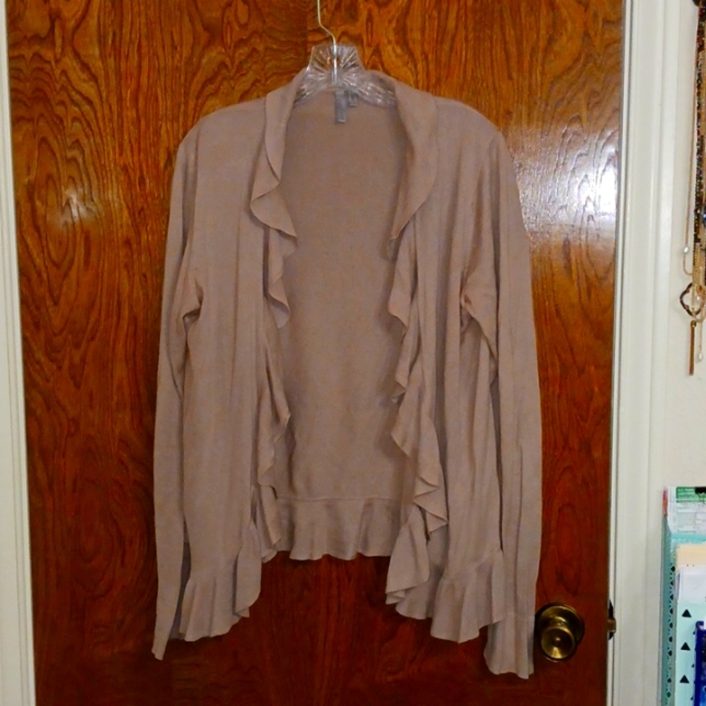 Caslan L drape cardigan with neck and waist flounce, tan, good condition